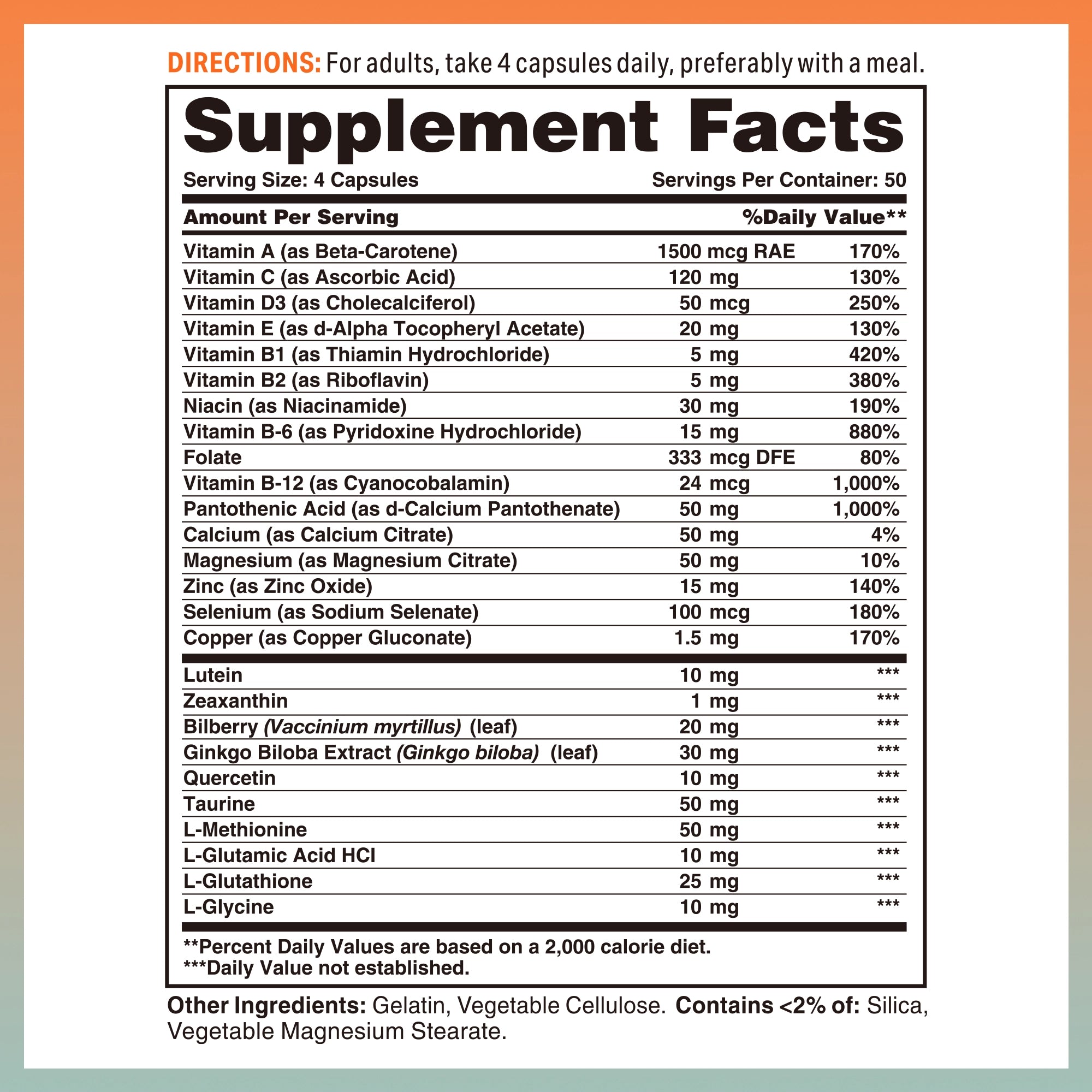 Vitamin World Advanced Vision Formula with Lutein 200ct - Supplement Facts