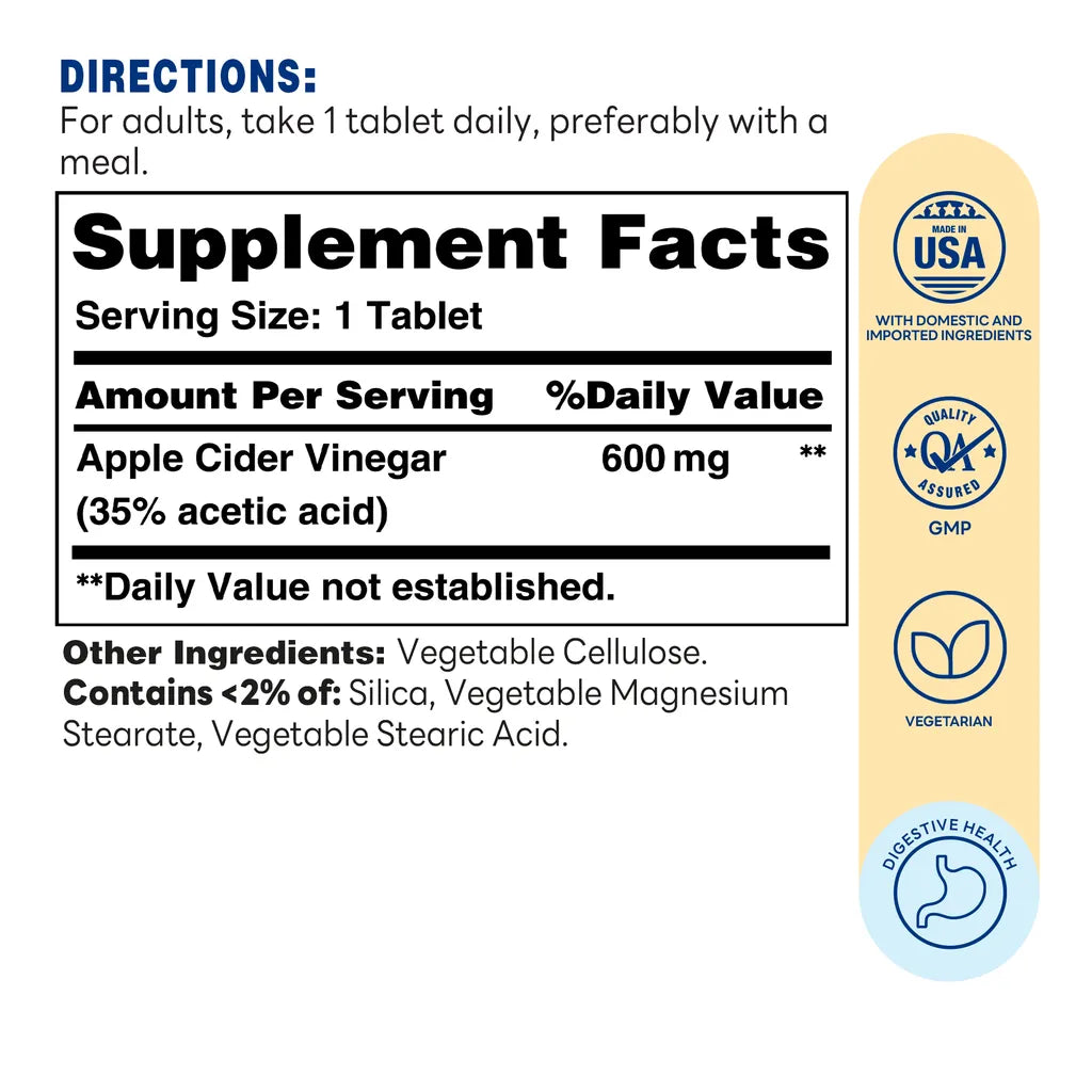 Apple Cider Vinegar 600MG - Support Digestive Health - 200 Tablets - Supplement Facts