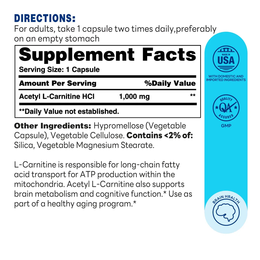 Acetyl L-Carnitine 1000 mg. - 60 Capsules - Brain Health and Cognitive Support - Supplement Facts