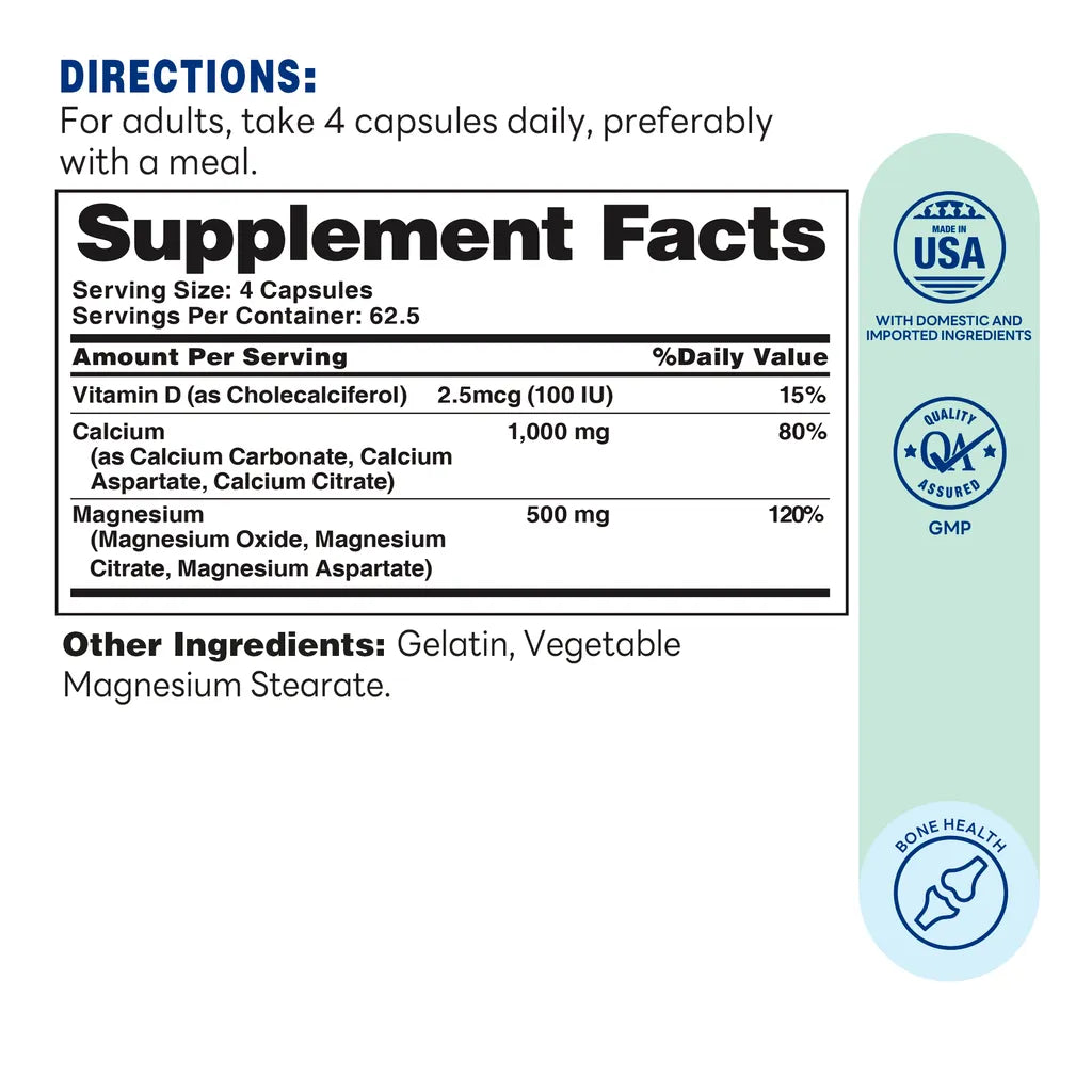Calcium Magnesium with Vitamin D3 - 250 Capsules - Bone Health 250ct - Supplement Facts