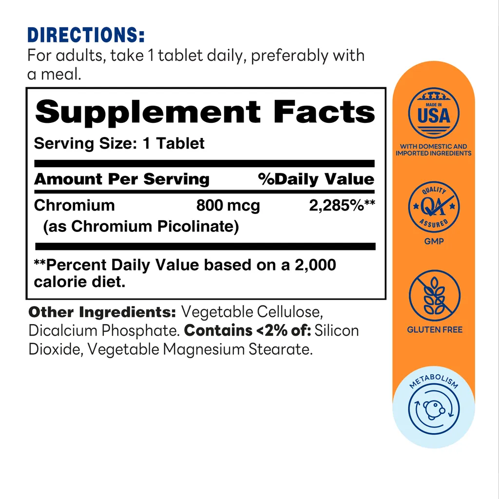 Mega Chromium Picolinate 800 mcg. - 180 Tablets - Blood Sugar Metabolism - Supplement Facts