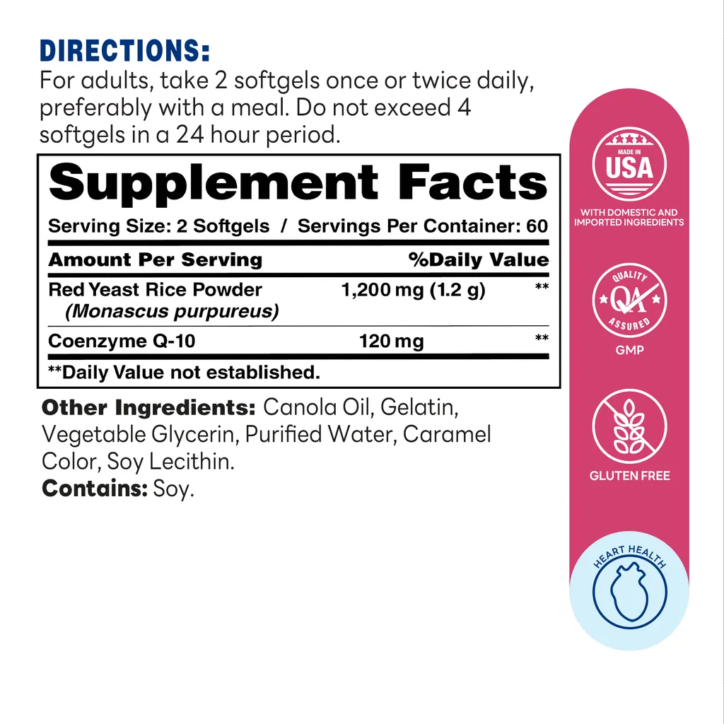 Co Q-10 Plus Red Yeast Rice - 120 Softgels - Supplement Facts