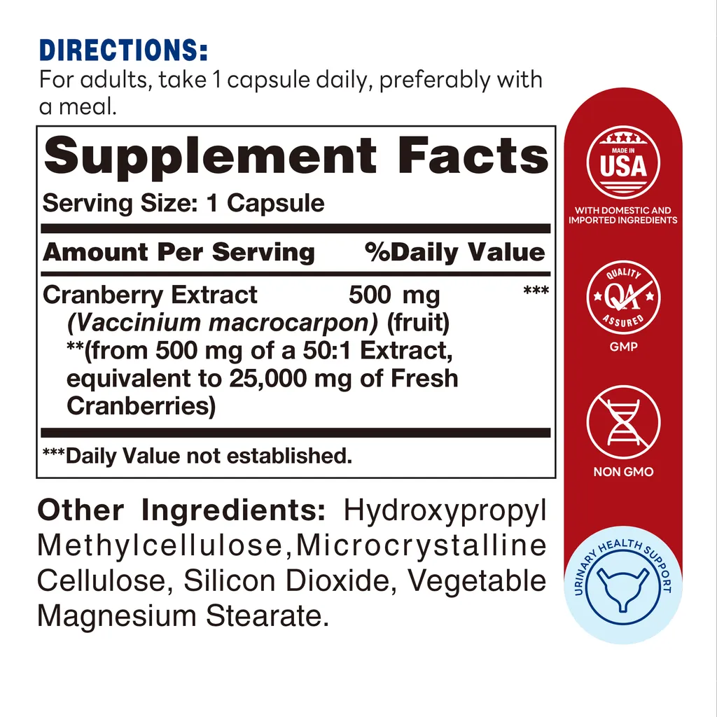 Cranberry Concentrate 500 mg Equivalent to 25,000 mg of Fresh Cranberries - Urinary Tract Health - 60 Capsules - Supplement Facts