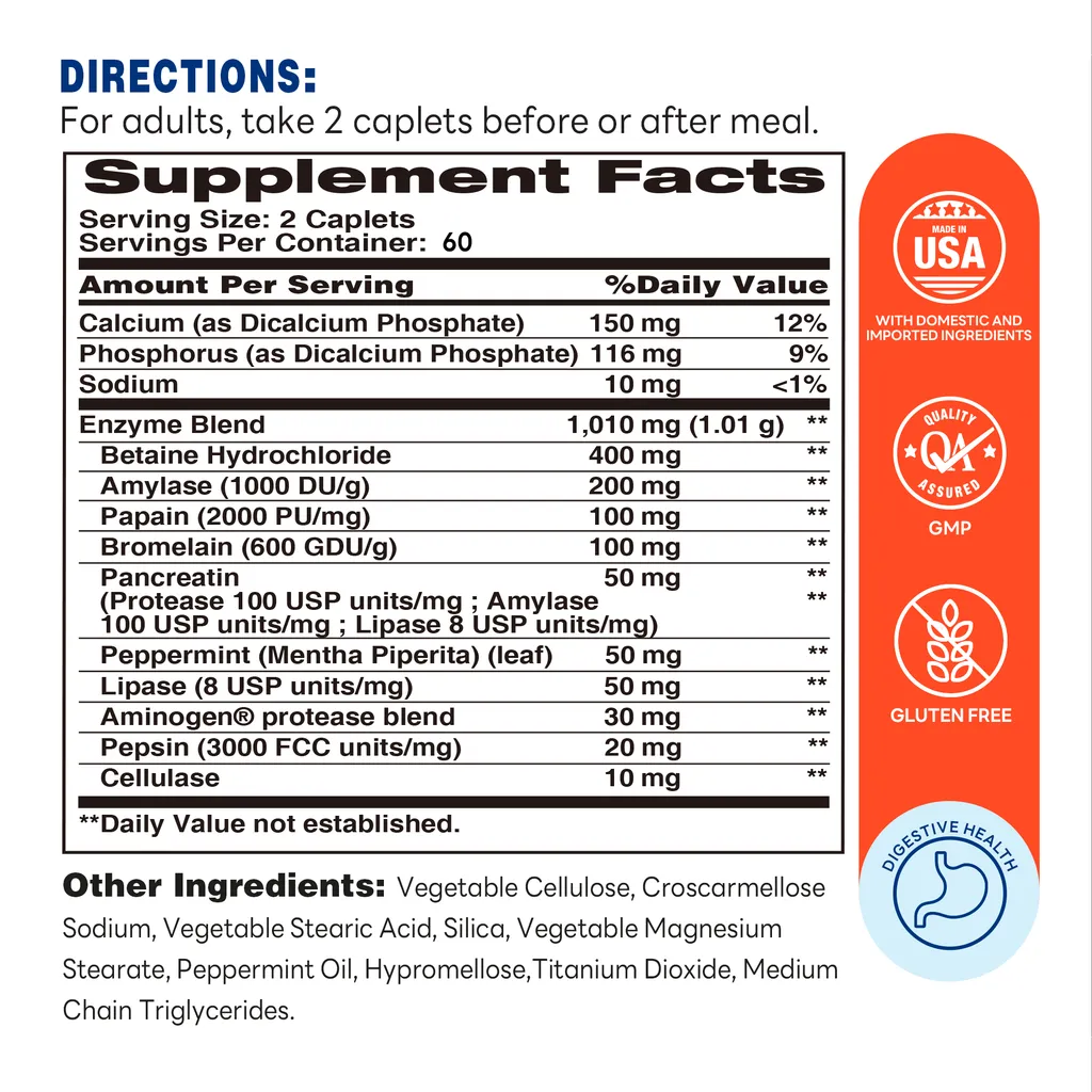 Maximum Strength Digest-13 Multi-Enzyme - 120 Caplets - For Digestive Health - Supplement Facts