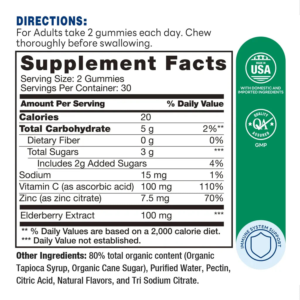 Defense Elderberry Immune Support Gummies - 60 Gummies - Helps Protect Cells from Free Radical Damage, Immune System Support - Supplement Facts