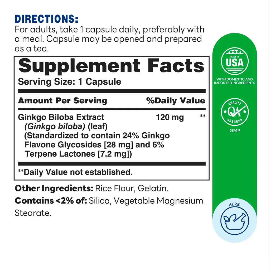 Gingko Biloba 120mg Capsule | 100ct - Supplement Facts