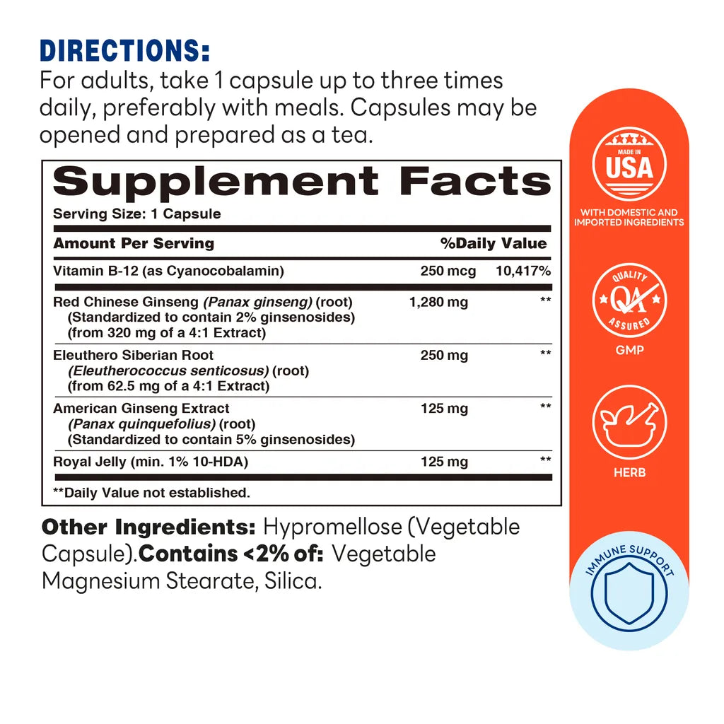 Ginseng Complex 1600mg with Royal Jelly - 100 Capsules - Immune Support, Cognitive Function - Supplement Facts