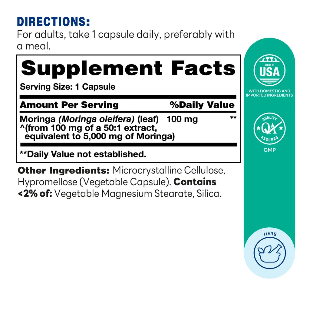 Moringa 5000mg - 100 Vegetarian Capsules - Overall Wellness, Antioxidant Support - Supplement Facts