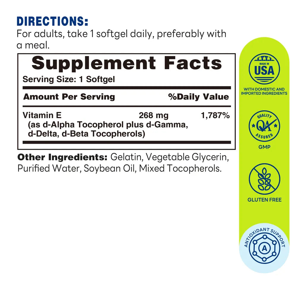 Natural Vitamin E (400 IU) 268mg 100 Softgels - Supplement Facts