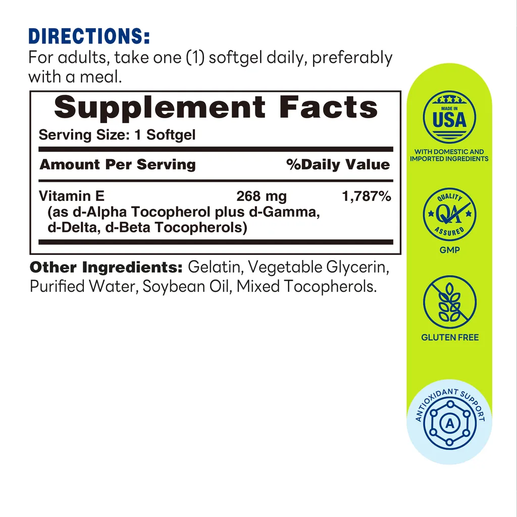 Natural Vitamin E (400 IU) 268mg 250 Softgels - Supplement Facts