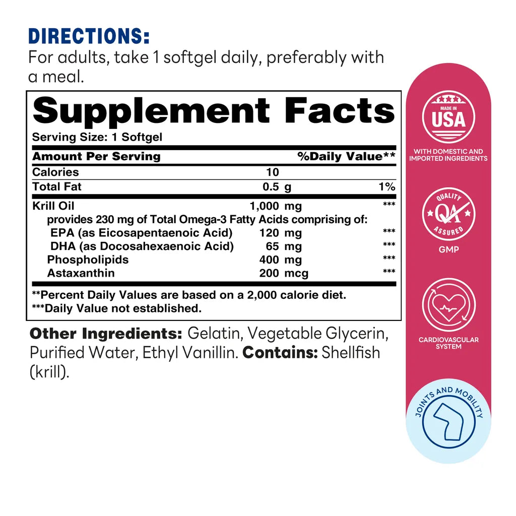 Omega-3 Red Krill Oil 1000MG, 60 Softgels - Heart Health, May Reduce the Risk of Coronary Heart Disease - Supplement Facts