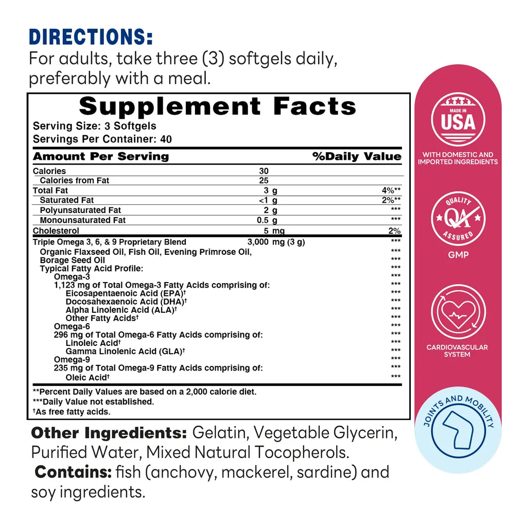 Triple Omega 3-6-9 - Heart Health, Flexible Joints and Support Nervous System Function - Supplement Facts