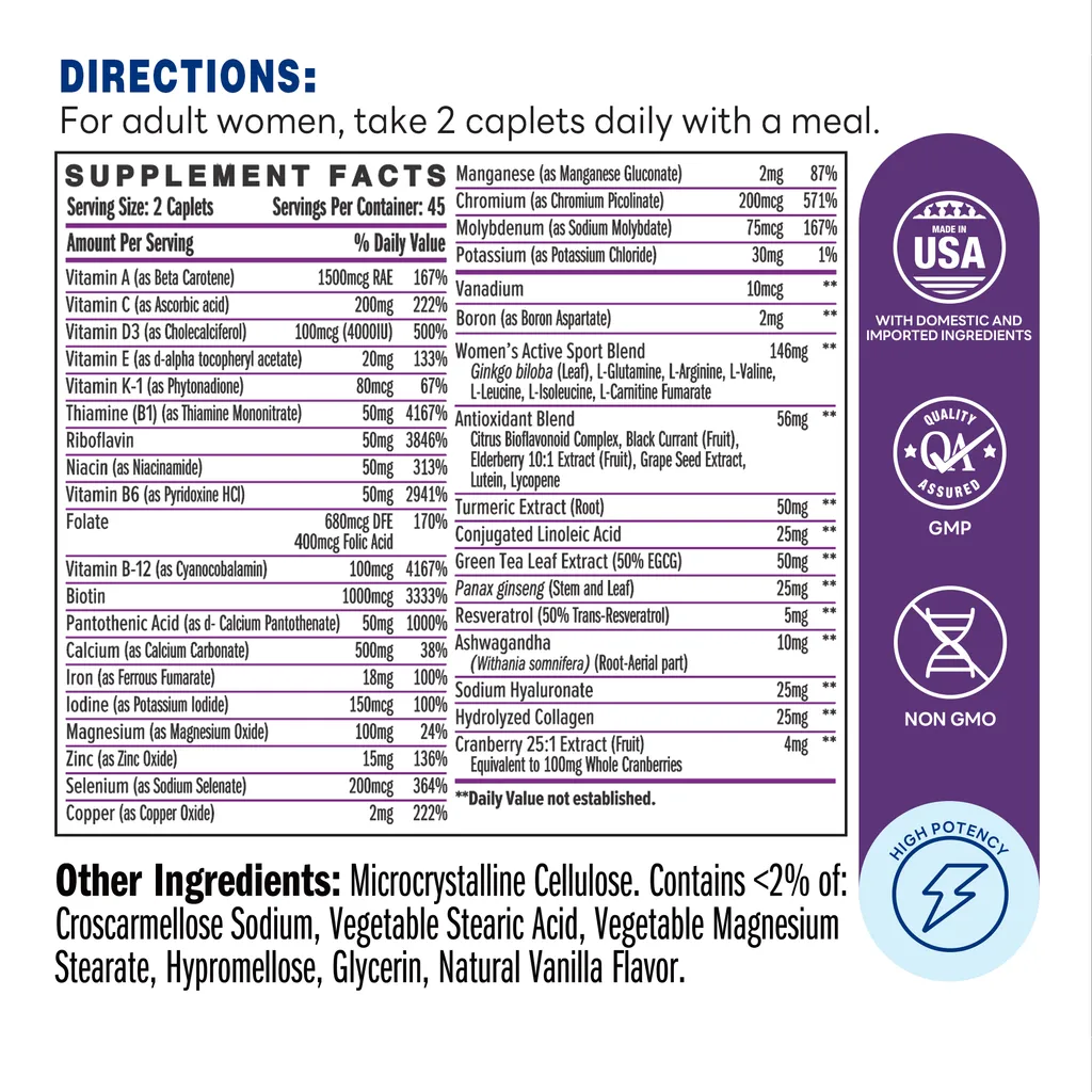 ULTRA 360 Women's Multi Active 90 Caplets - Supplement Facts