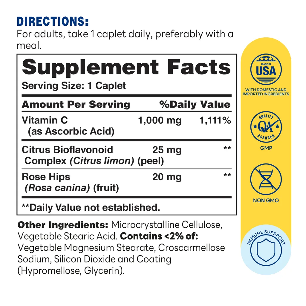 Vitamin C with Rose Hips 1000mg - 250ct - Supplement Facts