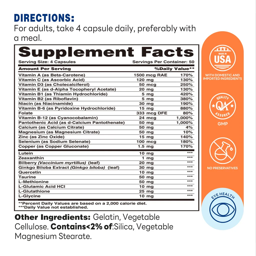 Advanced Vision Formula with Lutein 200ct - Eye Health, Antioxidant Support - Supplement Facts