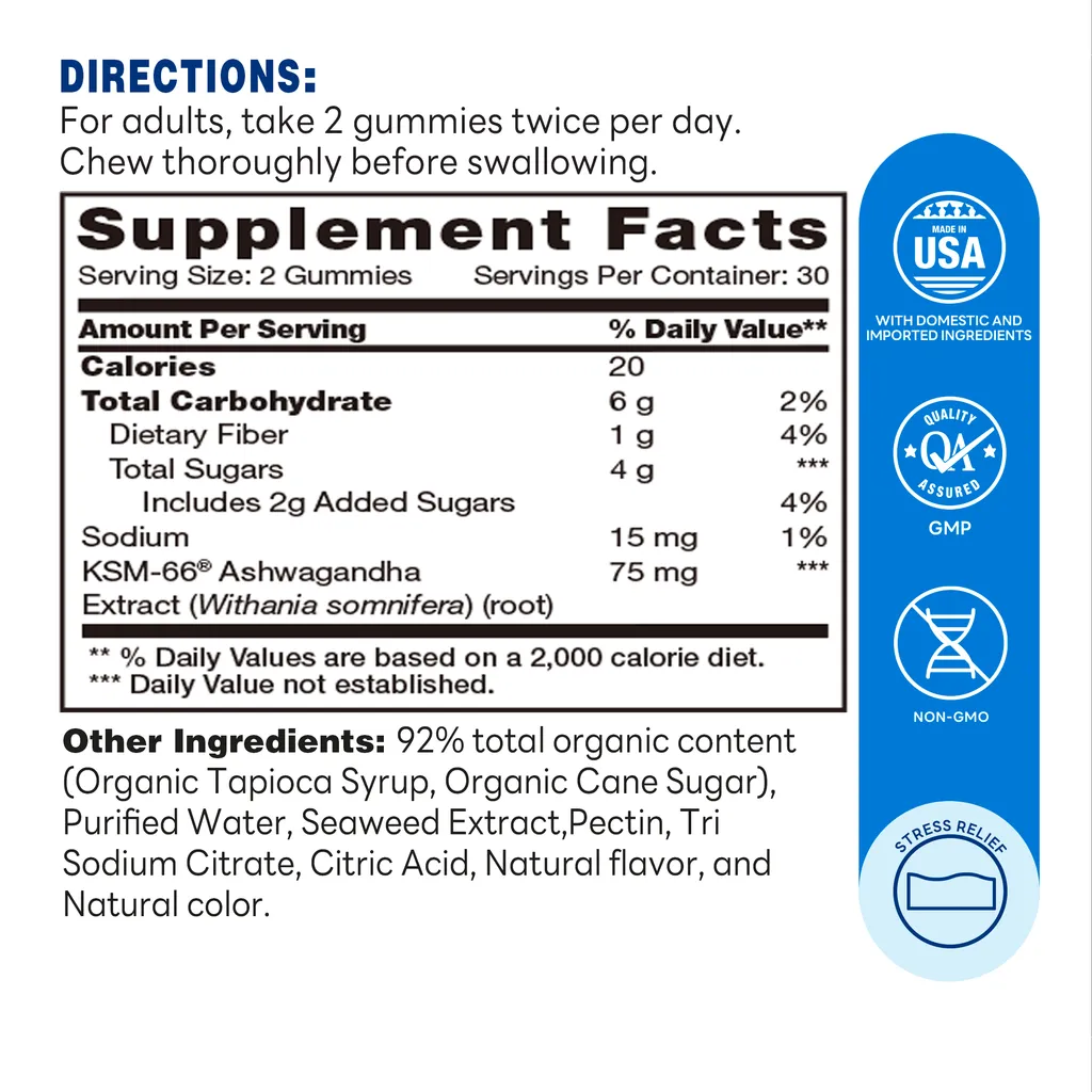 Calm Ashwagandha Stress Support Gummies - 60 Gummies - Supports Calmness and Relaxation, Helps Support Stress Management - Supplement Facts