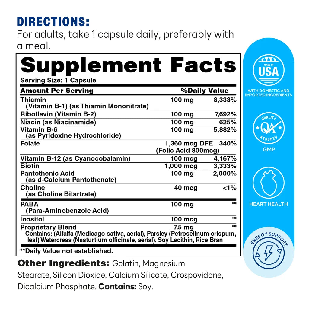 B-Complex 100 - Energy Metabolism, Nervous System Support and Heart Health  - 200 Capsules - Supplement Facts