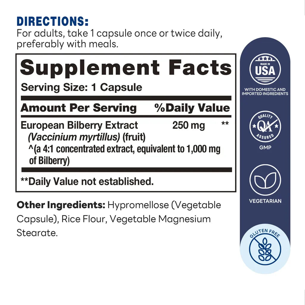 Bilberry Fruit 1000mg 90ct - Eye Health and Vision Support - Supplement Facts