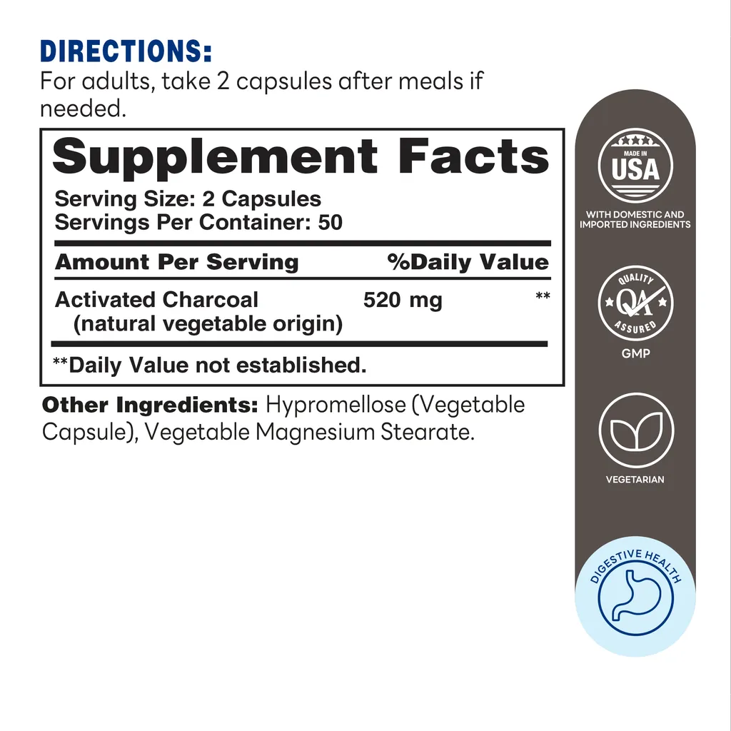 Charcoal 260mg  Capsule | 100ct - Supplement Facts