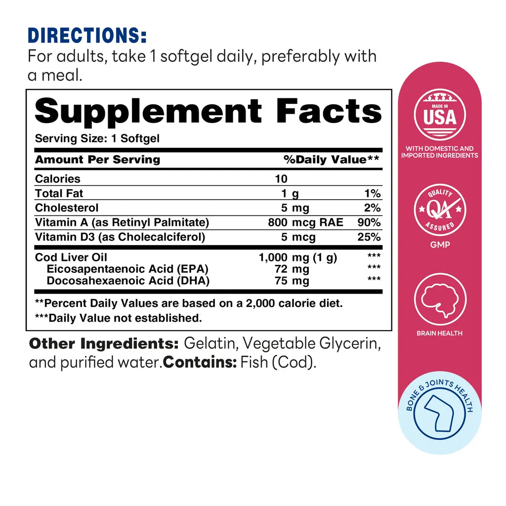 Triple Strength Cod Liver Oil 1000MG - 120 Softgels - Supplement Facts