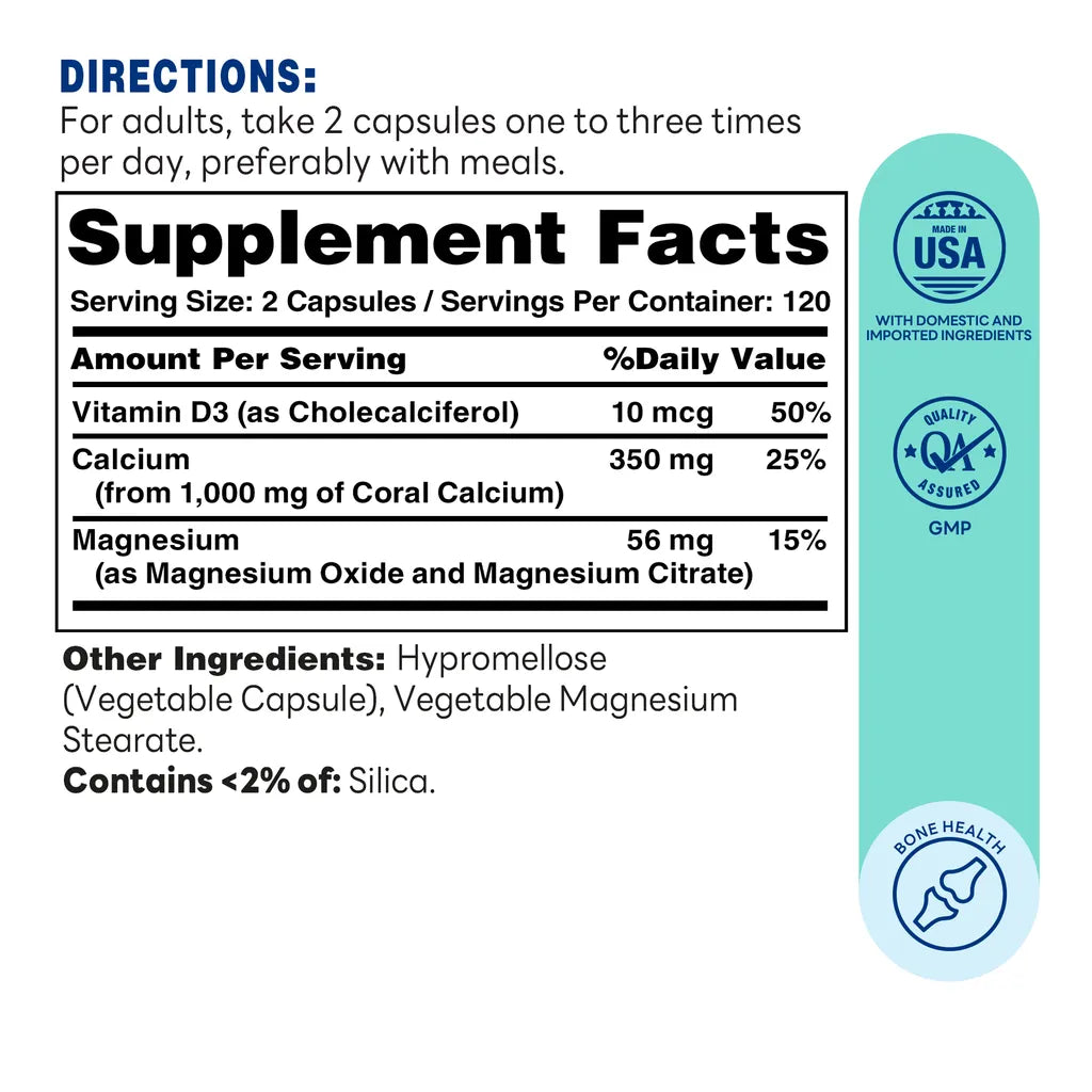 Coral Calcium with Vitamin D 500MG 240 Rapid Release Capsules - Healthy & Strong Bone, Muscle & Heart Action - Supplement Facts