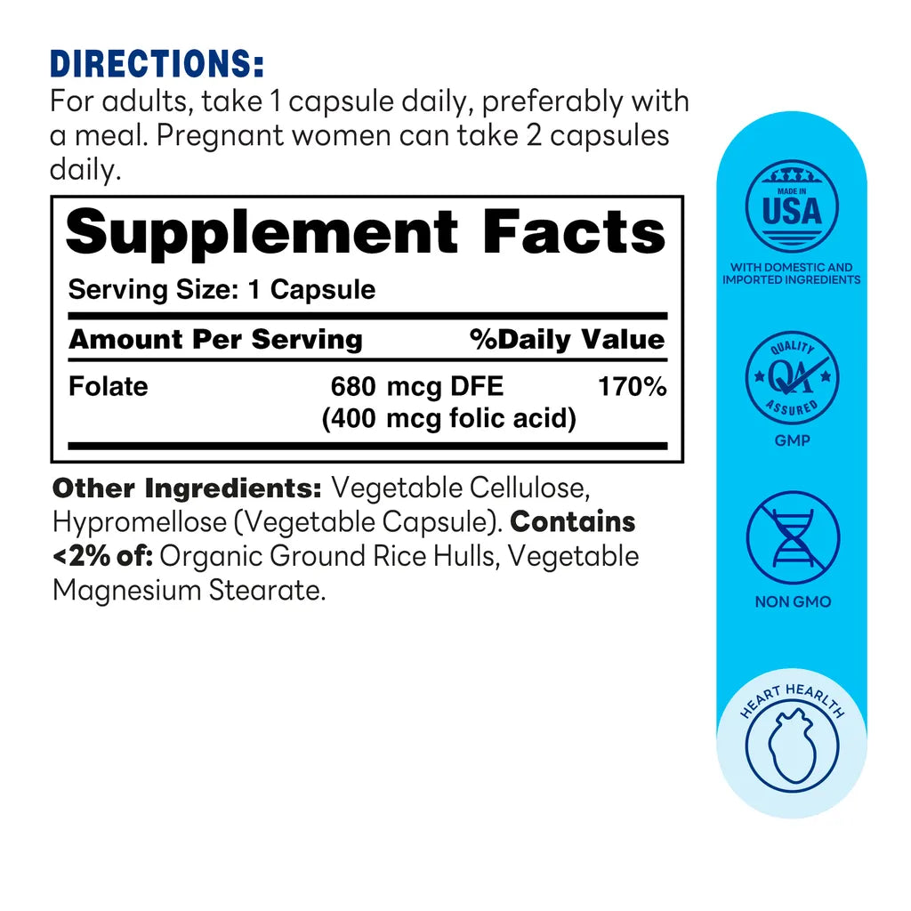 Folic Acid 400MCG, 250 Capsules - Supplement Facts