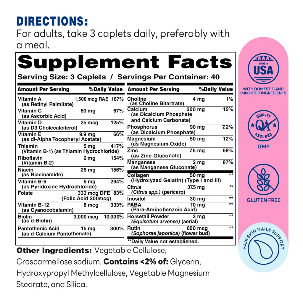 Hair, Skin and Nails Formula - 120 Caplets - Vibrant Skin, Healthy Hair, Strong Nails - Supplement Facts