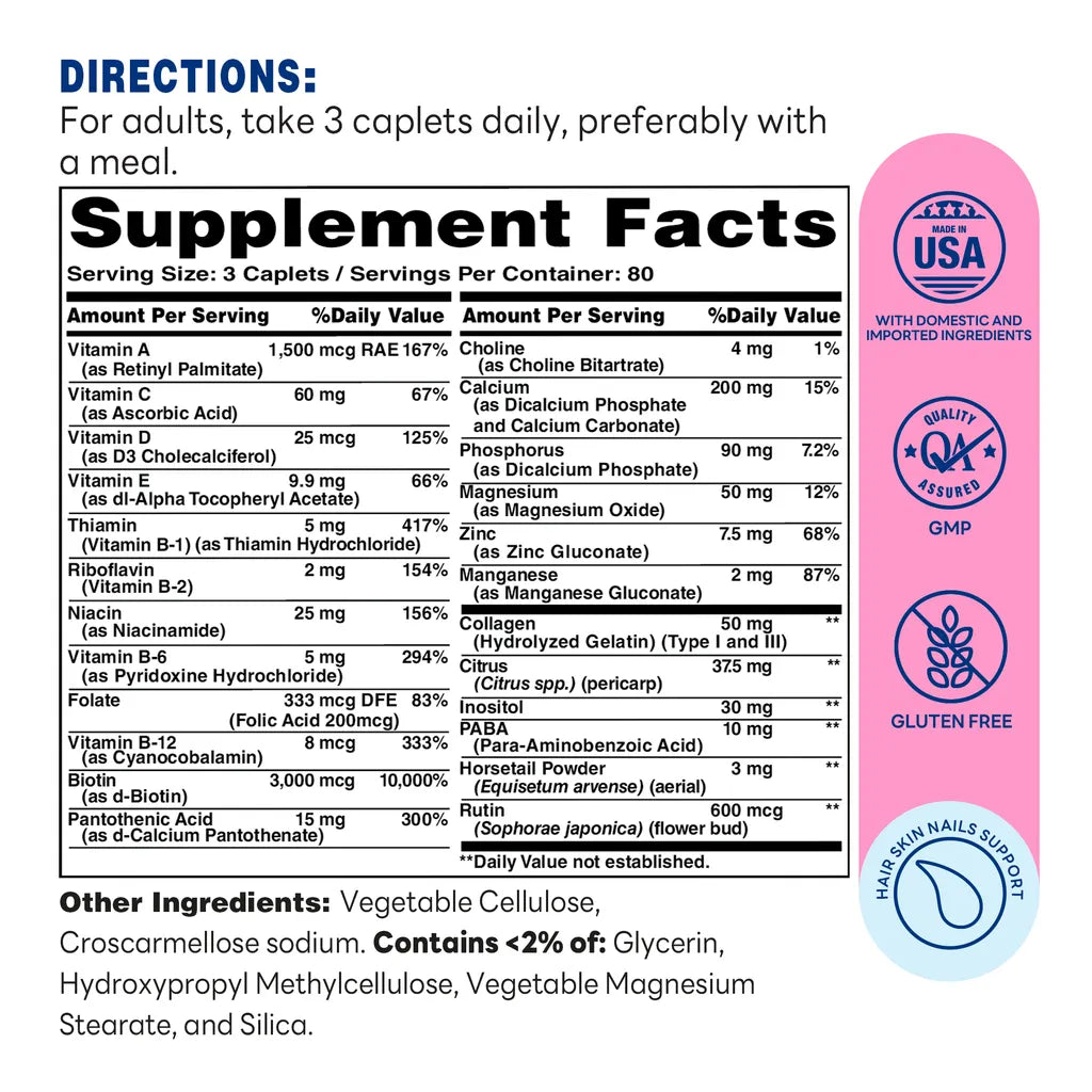 Hair. Skin & Nails Formula, TYPE I & II Collagen - 240 caplets - Supplement Facts