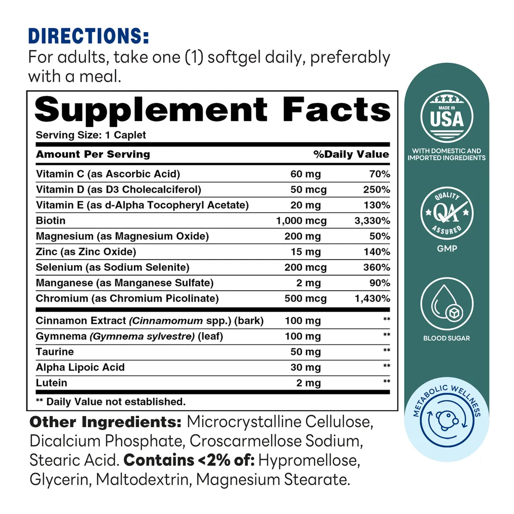 High Potency Blood Sugar Support Formula - 120 Caplets - Supplement Facts