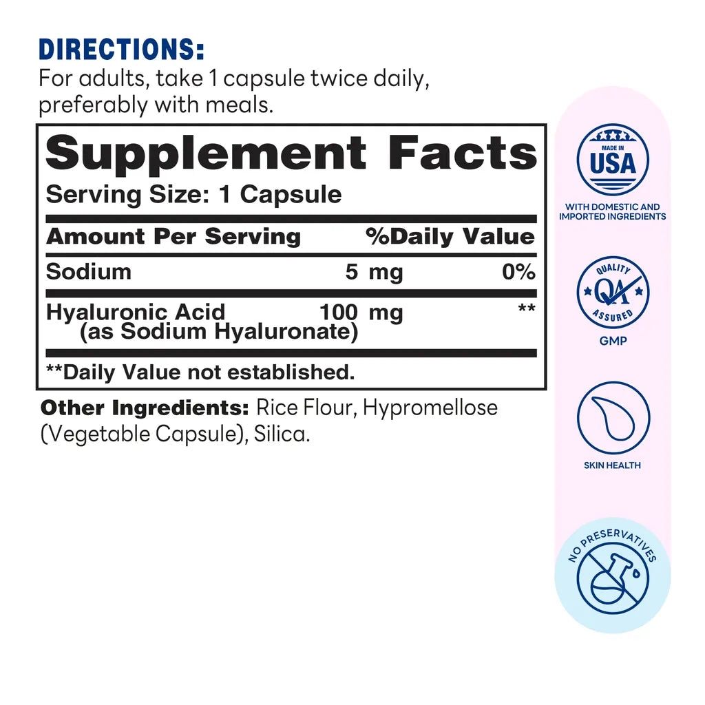 HYALURONIC ACID 100mg  Capsule | 30ct - Supplement Facts