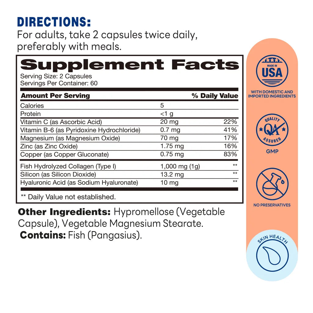 Hydrolyzed Marine Collagen Peptides with Hyaluronic Acid  Capsule | 120ct - Supplement Facts