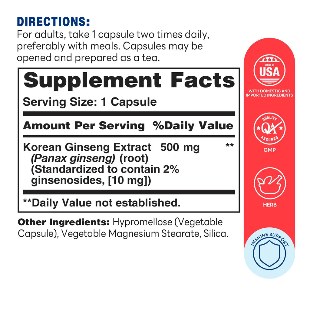 Korean Ginseng 500mg - 100 Capsules - Energy & Vitality, Mental Clarity, Immune Support - Supplement Facts