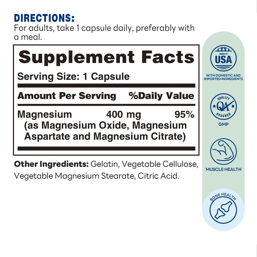Magnesium Complex Rapid Release Capsules 400MG - Support Bone and Muscle Health - Supplement Facts