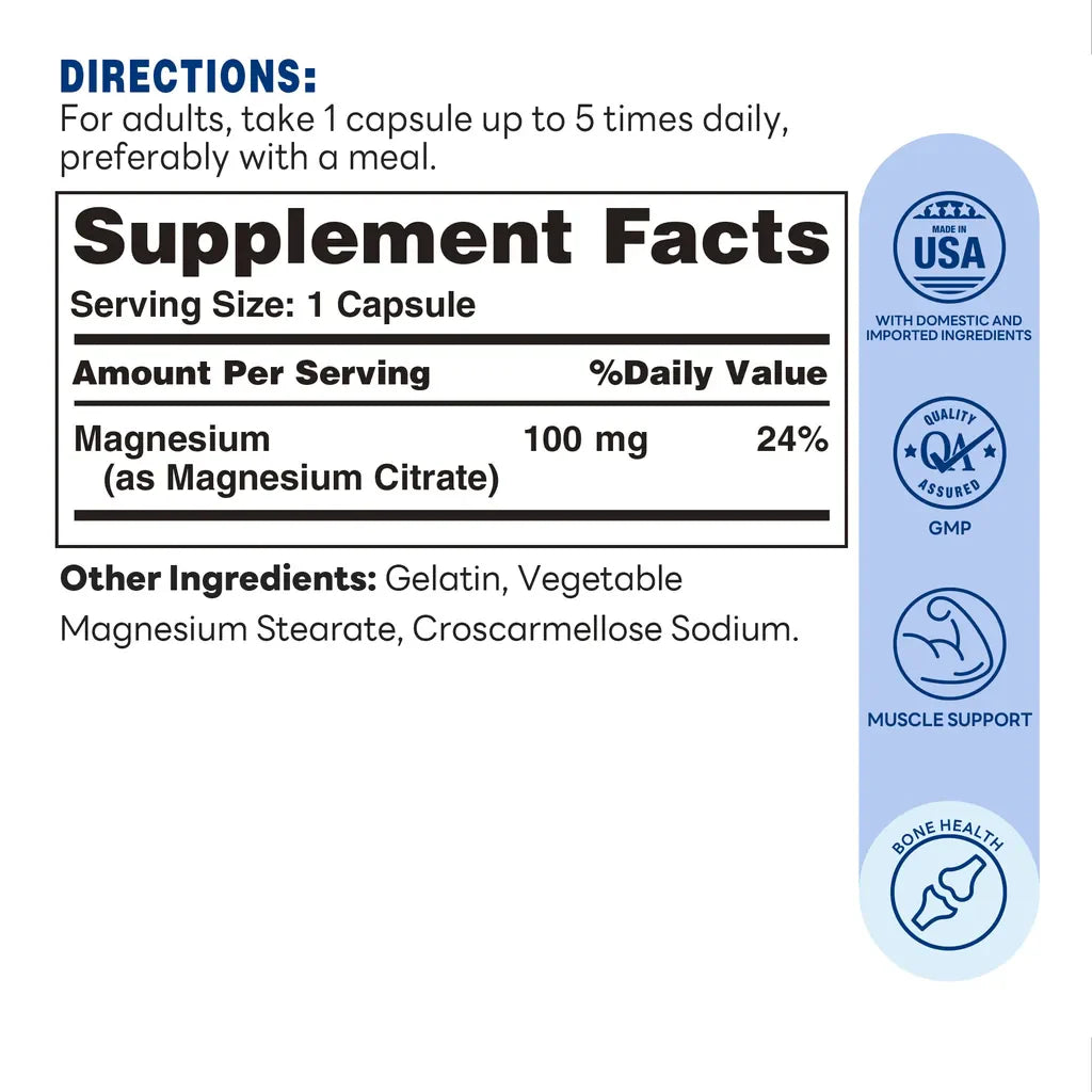 Magnesium Citrate for Bone Health - Bone Health, Muscle Support - Supplement Facts
