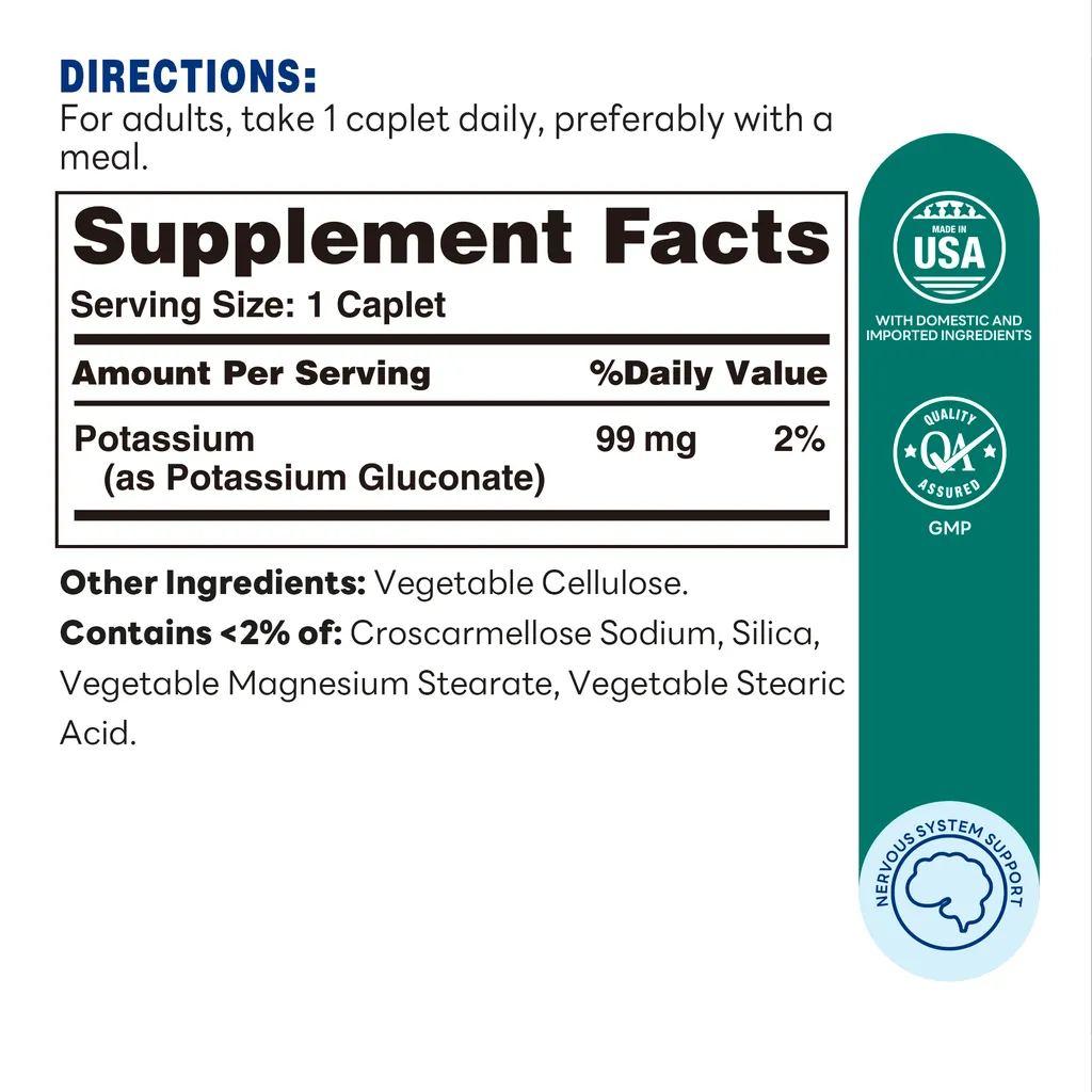 Potassium 99mg - 250 Caplets - Electrolyte Support - Supplement Facts