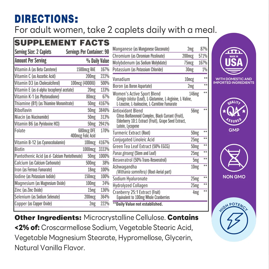 ULTRA 360 Active Women’s Multivitamin - 90 Caplets - Supplement Facts