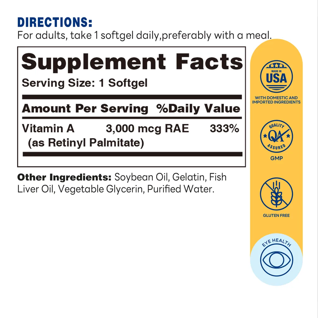 Vitamin A 3000mcg  Softgel | 250ct - Supplement Facts