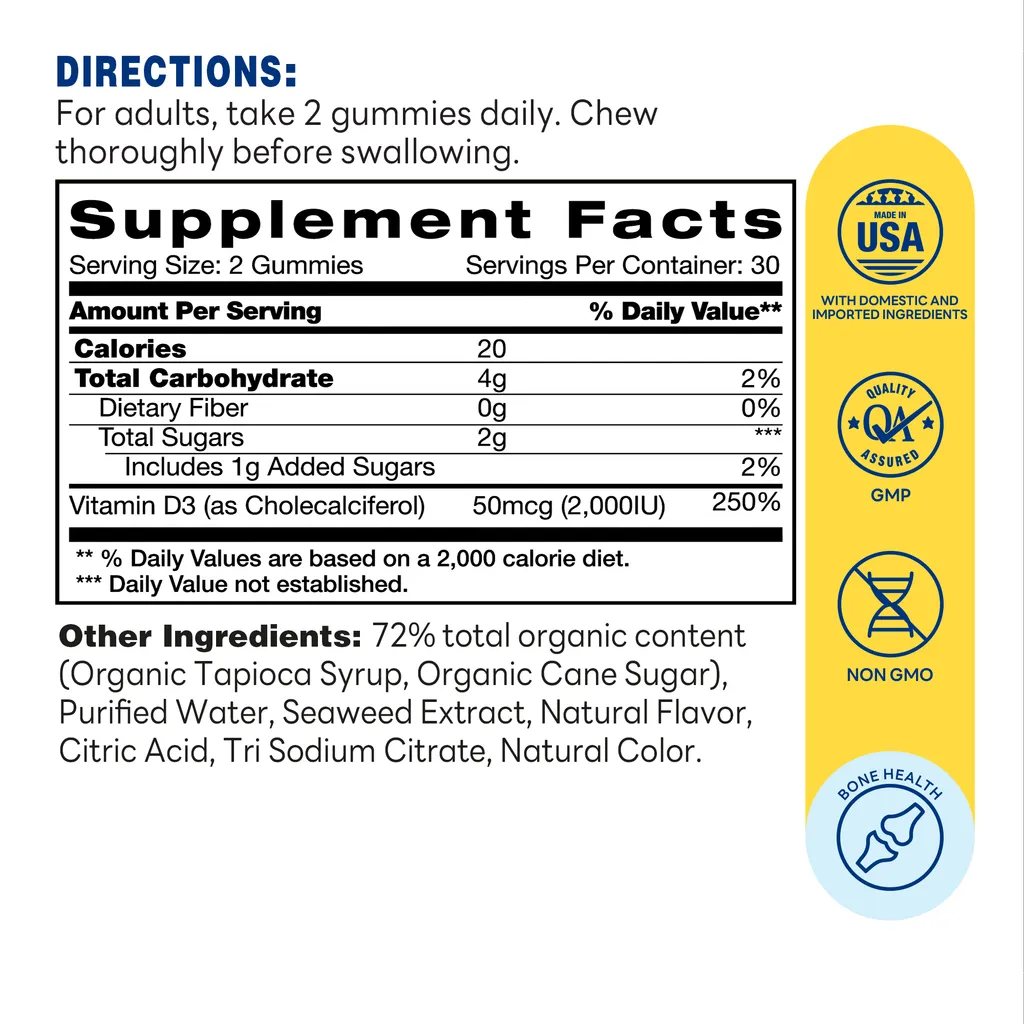 d-light Vitamin D3 (2,000IU 50mcg  Gummy | 60ct - Supplement Facts