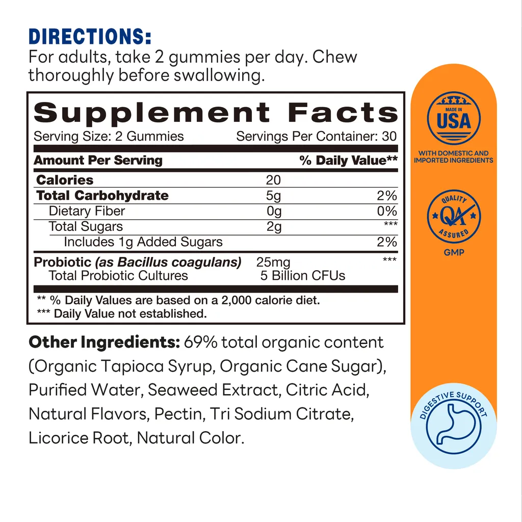 Glad Glut - Gummy 60ct - Supports Gut Health and Immunity - Supplement Facts