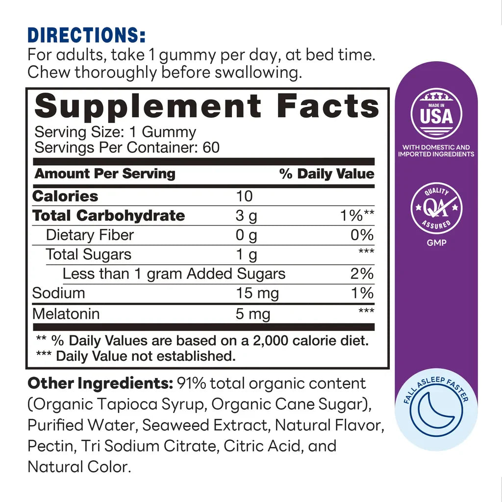 zZzPort Sleep Support Melatonin Gummies - 60 Gummies -  Fall Asleep Faster and Stay Asleep Longer - Supplement Facts